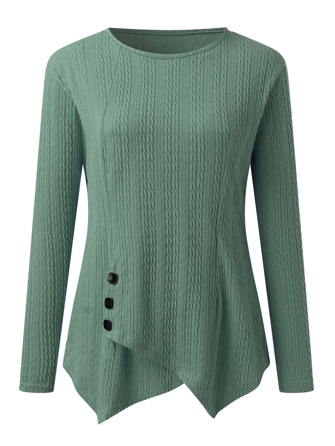 Decorative Button Round Neck Long Sleeve Top