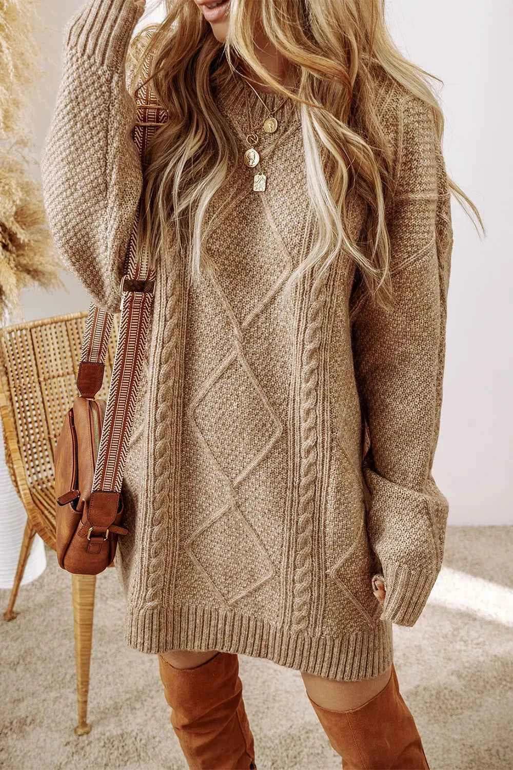 Cable-Knit Round Neck Sweater Dress 9a479dbd-481d-4469-982f-1cbdaf689f8c-Max