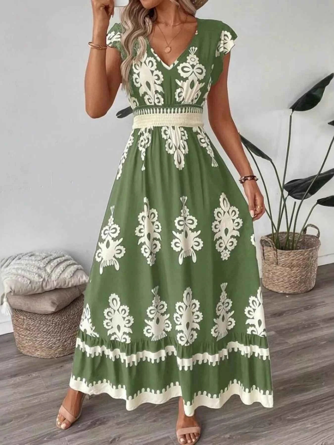 Printed V-Neck Ruffled Cap Sleeve Dress 9a4aa23e68f2471c882da3530b54e828-Max-Origin