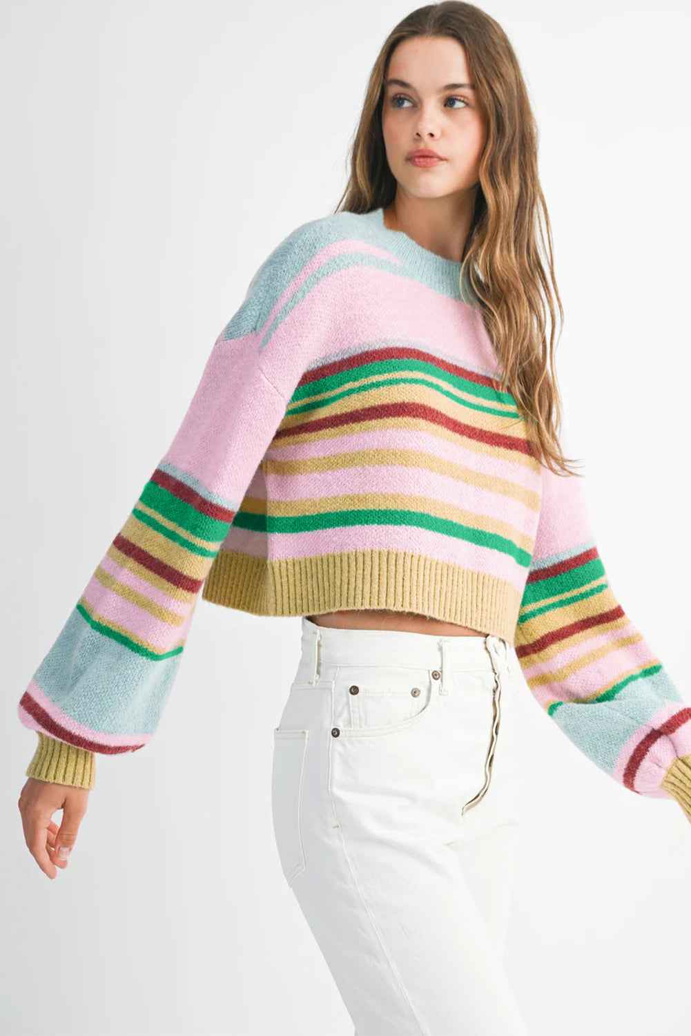 Multicolour Striped Knit Ribbed Trim Boxy Fit Cropped Sweater