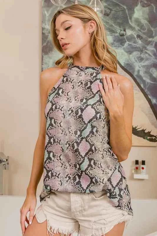 BiBi Snakeskin Print Low Gauge Knit Halter Neck Top 9a517be8eea04e2abd5fe7da97929134-Max-Origin