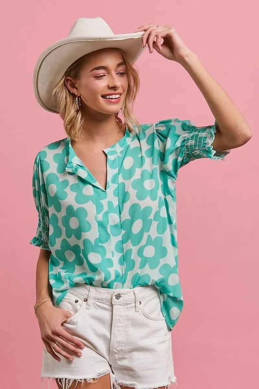 Flower Printed Woven Smocking Sleeves V Neck Top 9a521cb716ef43aba62f25f18baf4f72-Max-Origin