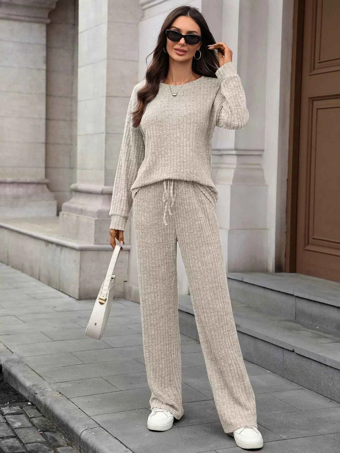 Ribbed Round Neck Top and Pants Set Beige 9a52c5678a8e443080faf58fc7f42840-Max-Origin