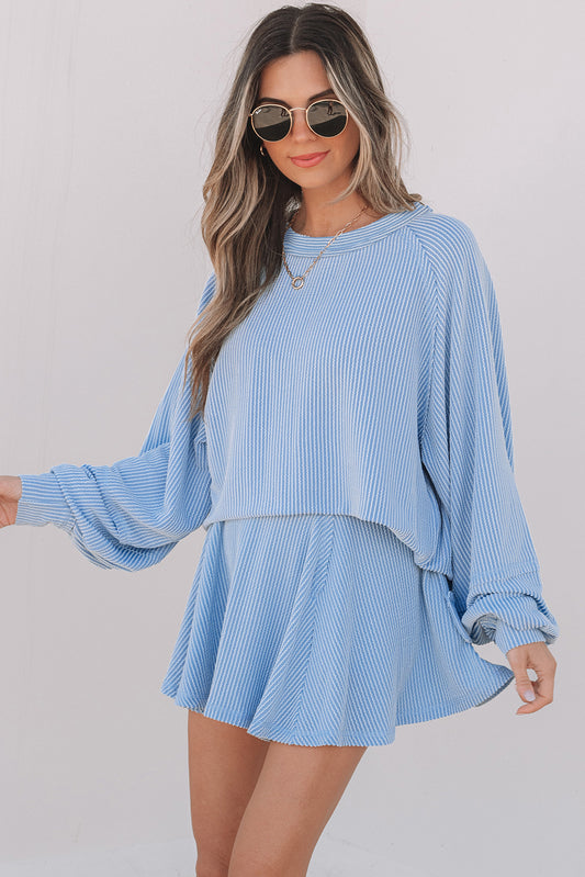 Sky Blue Corded Lantern Sleeve Top High Waist Ruffled Mini Skort Set 9a5494c058180bba