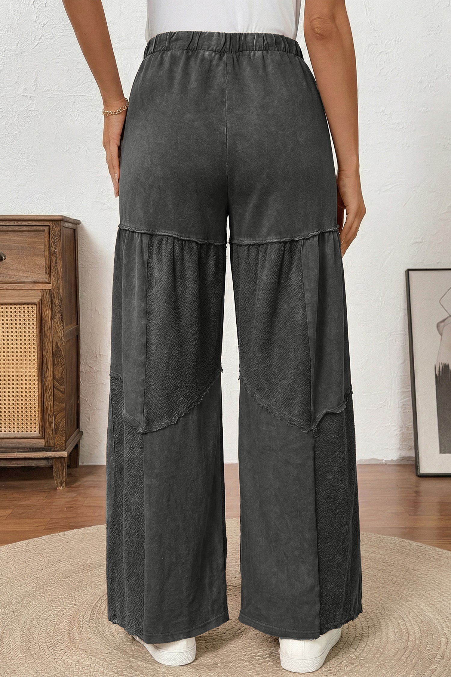 Black Mineral Wash Tiered Wide Leg Patchwork Drawstring Pants 9a554fd95b79a5d0