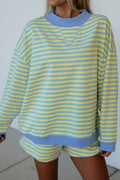 Yellow Stripe Color Block Detail Long Sleeve Pullover Elastic Waist Pull On Shorts 2pcs Set Yellow Stripe 95%Cotton+5%Elastane 9a55b8f117be0859
