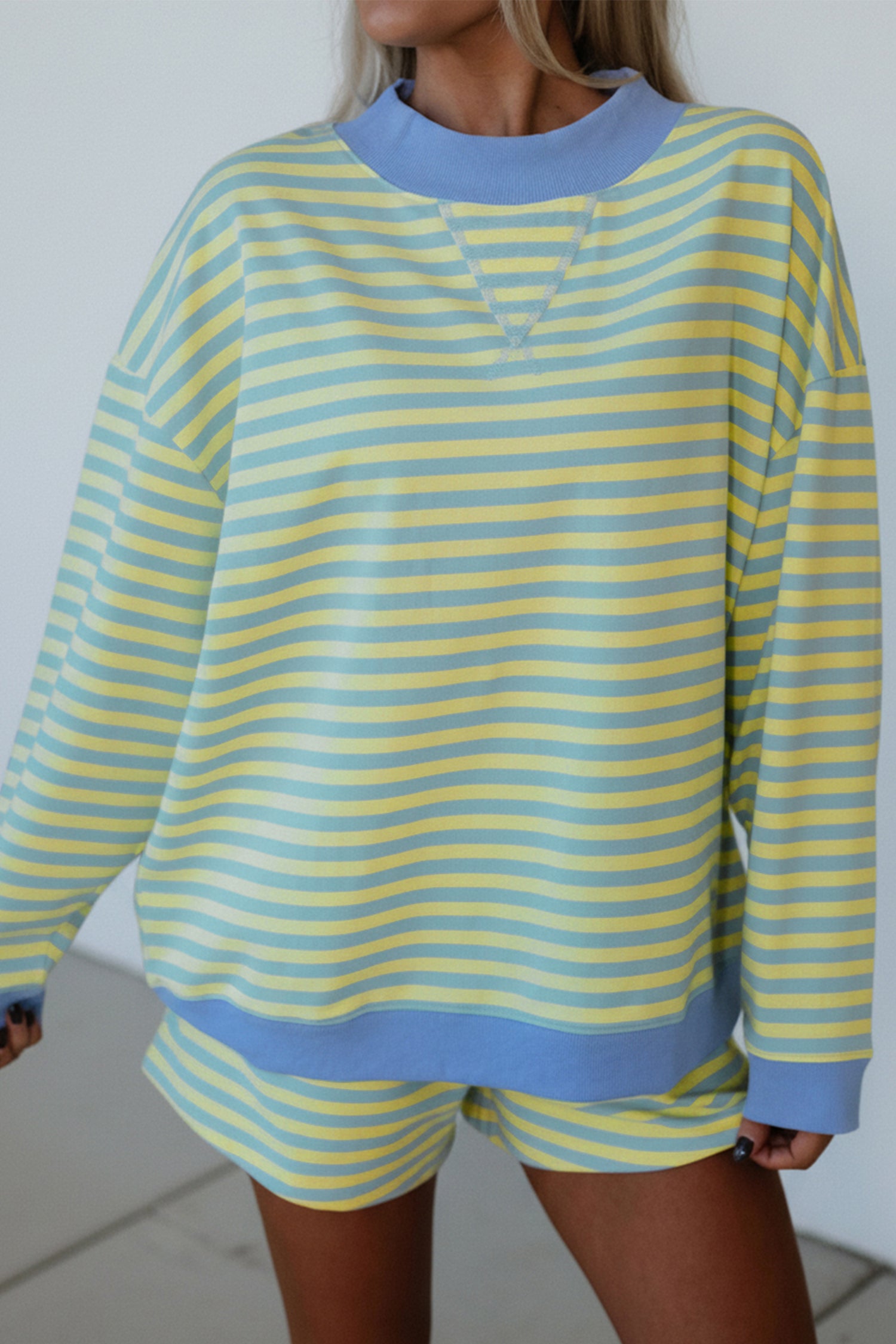 Yellow Stripe Color Block Detail Long Sleeve Pullover Elastic Waist Pull On Shorts 2pcs Set Yellow Stripe 95%Cotton+5%Elastane 9a55b8f117be0859
