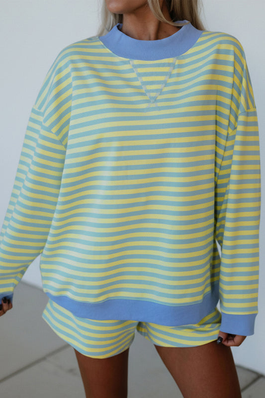 Yellow Stripe Color Block Detail Long Sleeve Pullover Elastic Waist Pull On Shorts 2pcs Set Yellow Stripe 95%Cotton+5%Elastane 9a55b8f117be0859