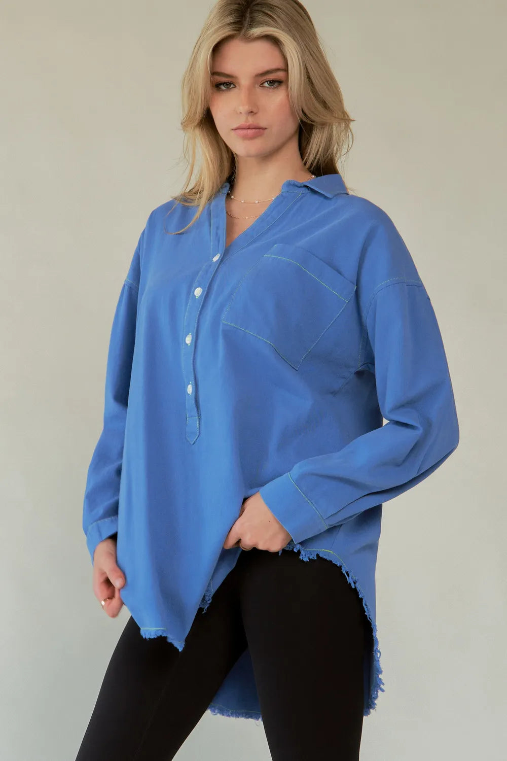 Davi & Dani Letter Back Raw Hem Half Button Shirt 9a57aba2-bd29-4027-b59d-bf1894588b46-Max