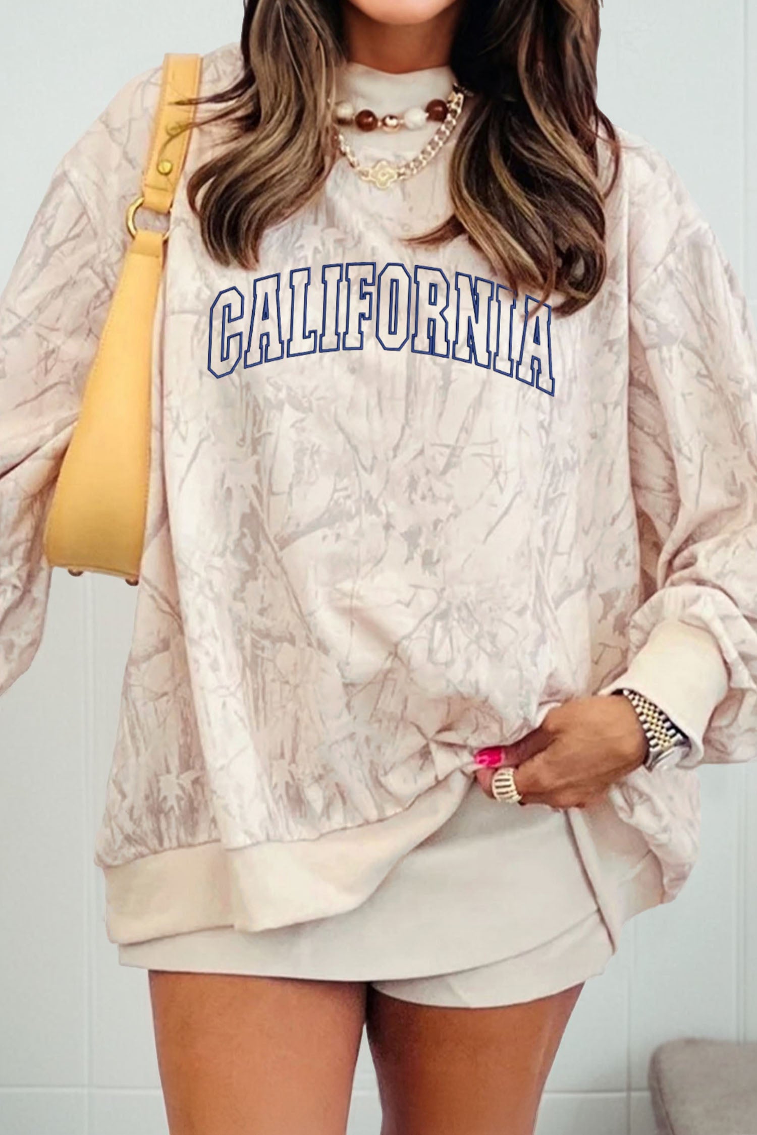 Khaki Tie Dye Camo CALIFORNIA Letter Embroidered Mock Neck Sweatshirt Khaki 100%Polyester 9a5b39a9063236e4