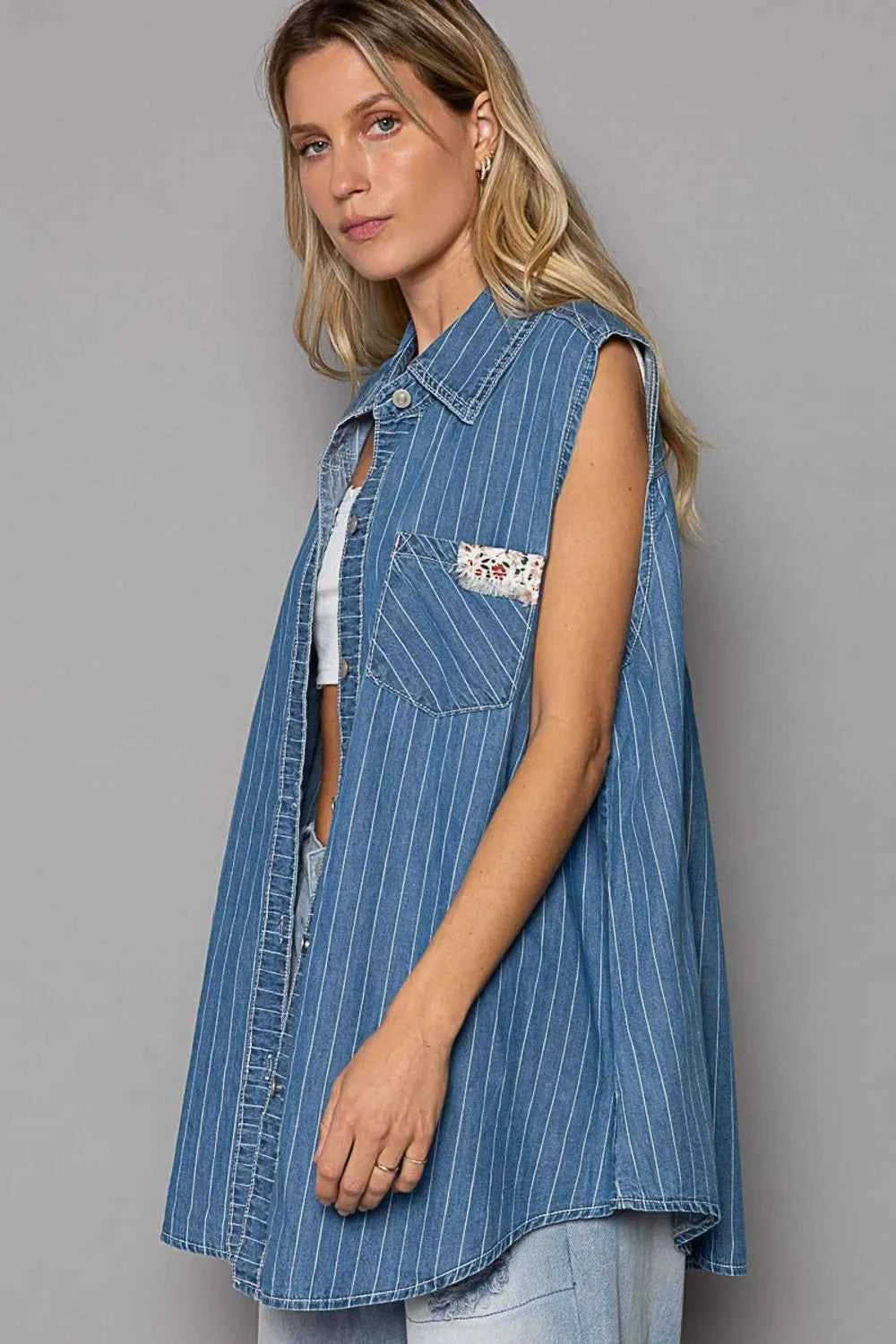 POL Button Down Sleeveless Striped Denim Shirt 9a61aa56-408a-406f-a867-4d32772f5010-Max