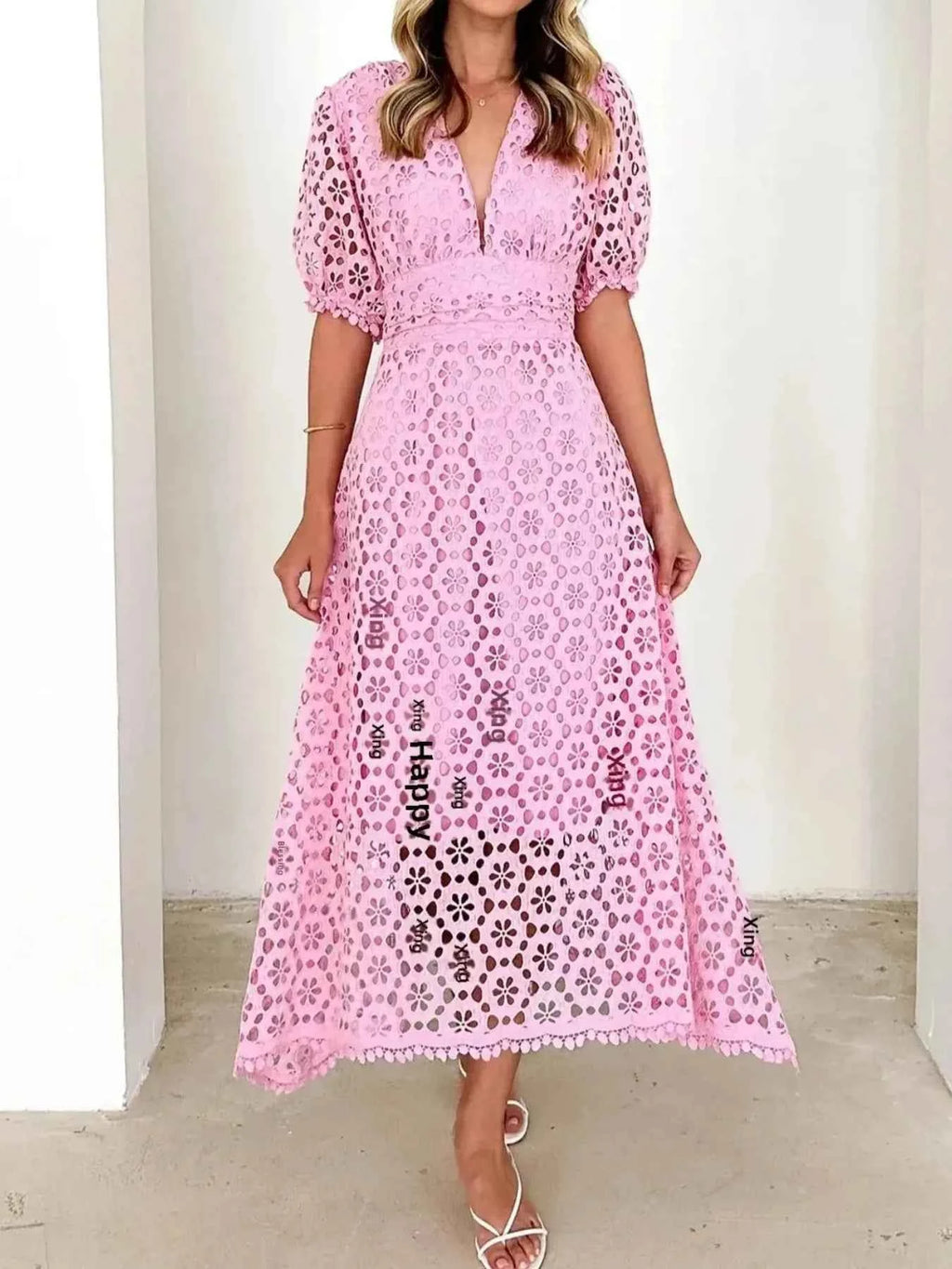 Eyelet Lace V-Neck Midi Dress with Puff Sleeves 9a654124-2f73-45d7-966c-95d56f862840-Max-Origin
