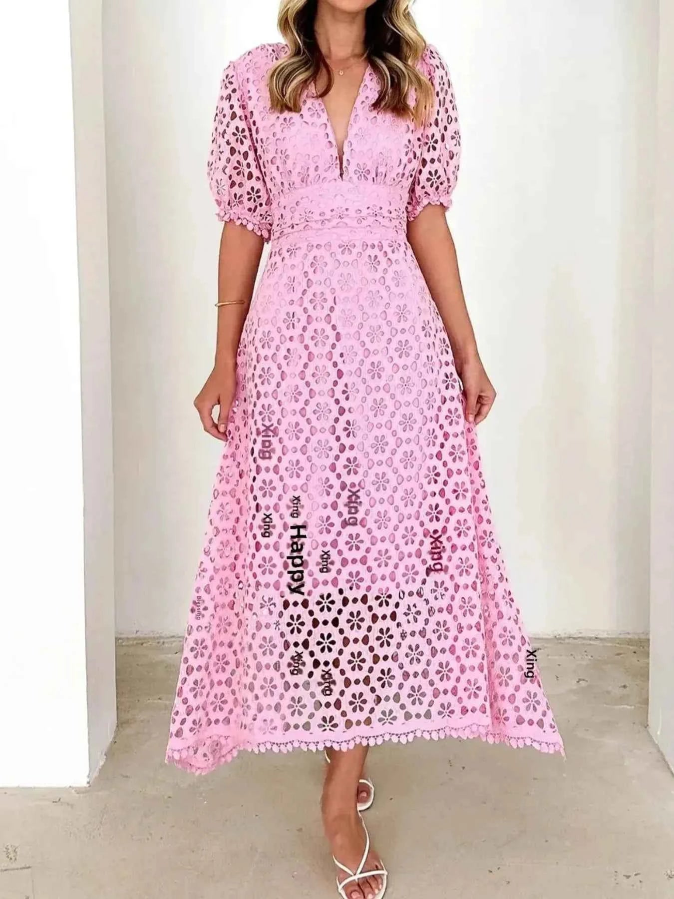 Eyelet Lace V-Neck Midi Dress with Puff Sleeves 9a654124-2f73-45d7-966c-95d56f862840-Max-Origin