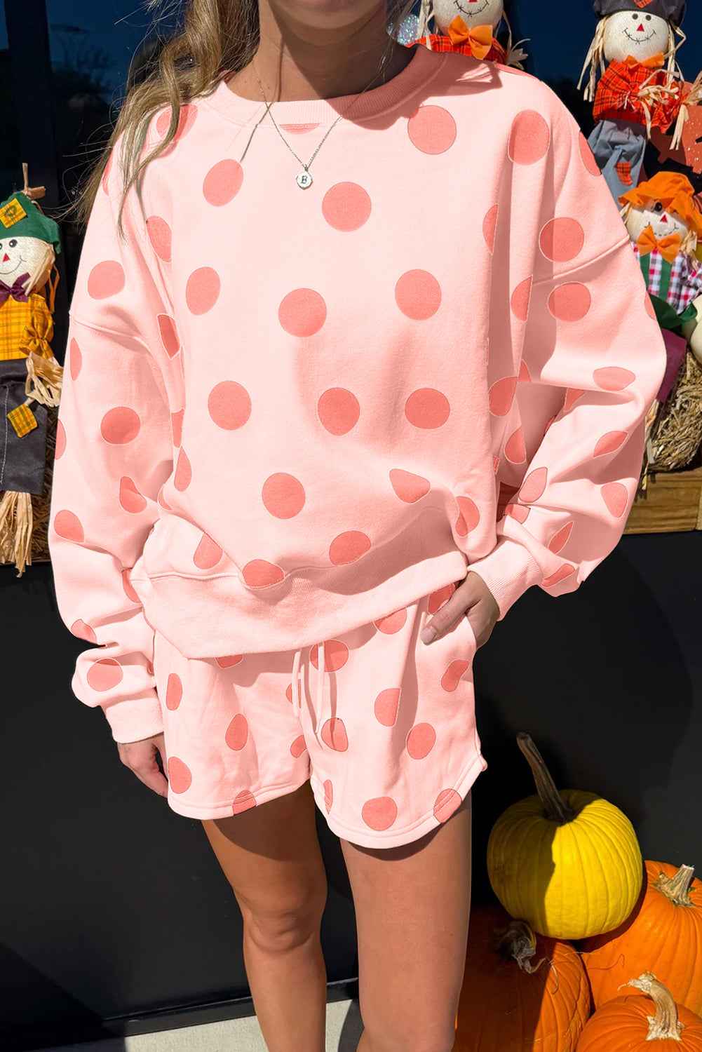 Sky Blue Polka Dot Print Drop Shoulder Pullover Drawstring Shorts Set 9a685b075e2e8bd3