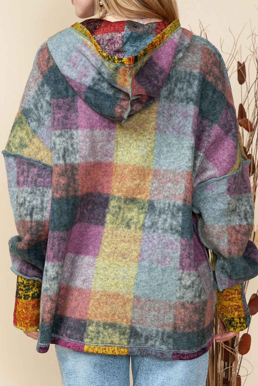 Multicolor Brushed Check Kangaroo Pocket Thumbholes Henley Hoodie 9a692d40369c5096