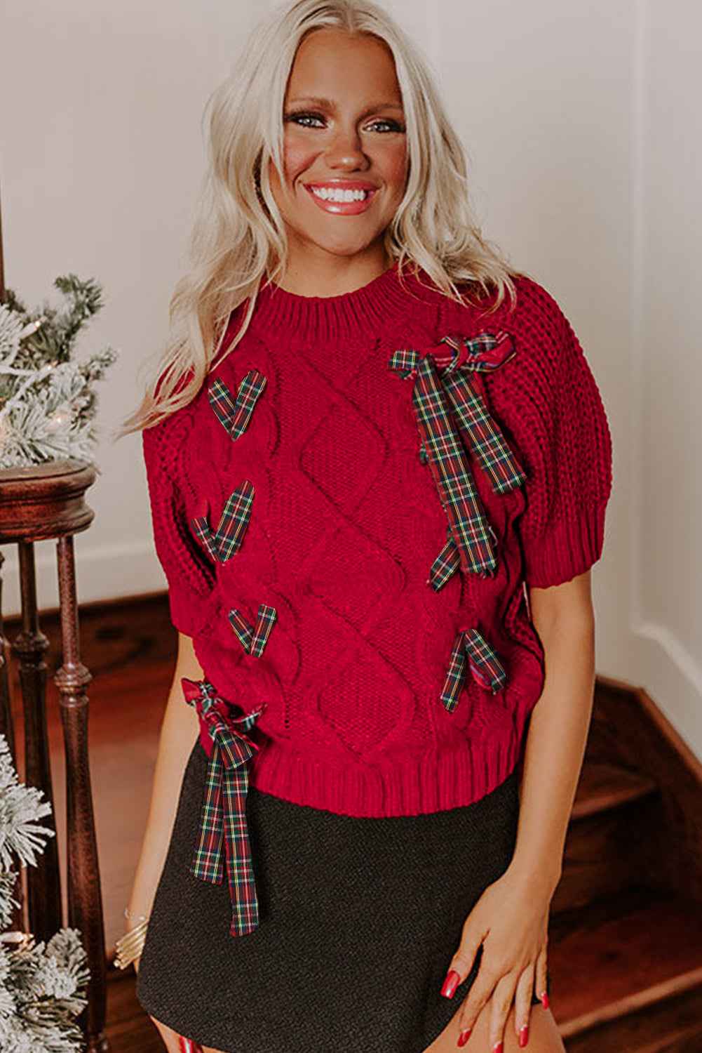 Fiery Red Plaid Lace-up Detail Christmas Holiday Puff Short Sleeve Sweater 9a6fdcee16a4d29c