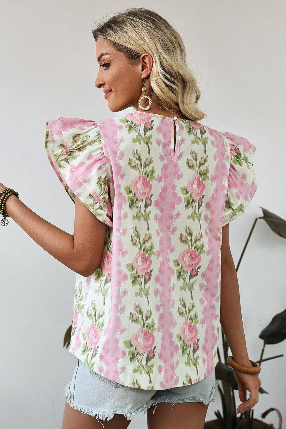 Pink Floral Print Layered Ruffle Sleeve Summer Top 9a7b36c9be1abced