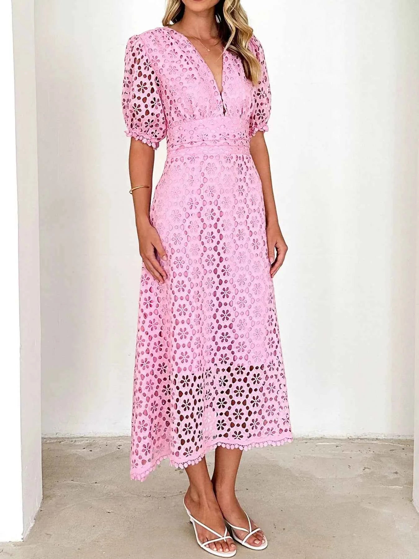 Eyelet Lace V-Neck Midi Dress with Puff Sleeves 9a7bda7b-150f-41cf-908e-b3edab146c0e-Max-Origin