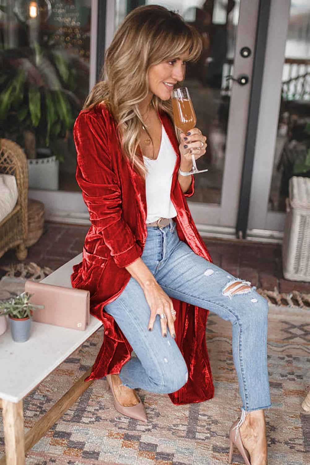 Red Velvet Elegant Open Front Pocket Long Cardigan 9a87ae617c5999cd