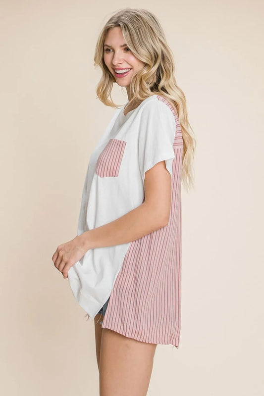 Cotton Bleu by Nu Label Contrast Striped Short Sleeve T-Shirt 9a895864-892c-46b5-b7ea-2c294970bb48-Max