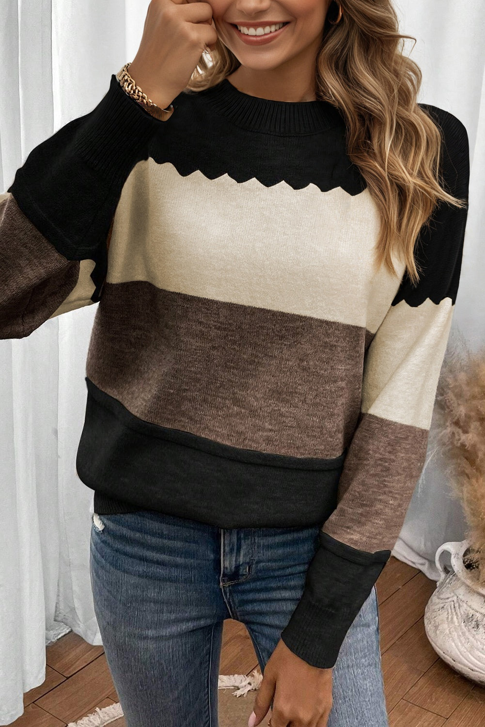 Black Colorblock Crew Neck Drop Shoulder Sweater 9a8c0649affd0e7c
