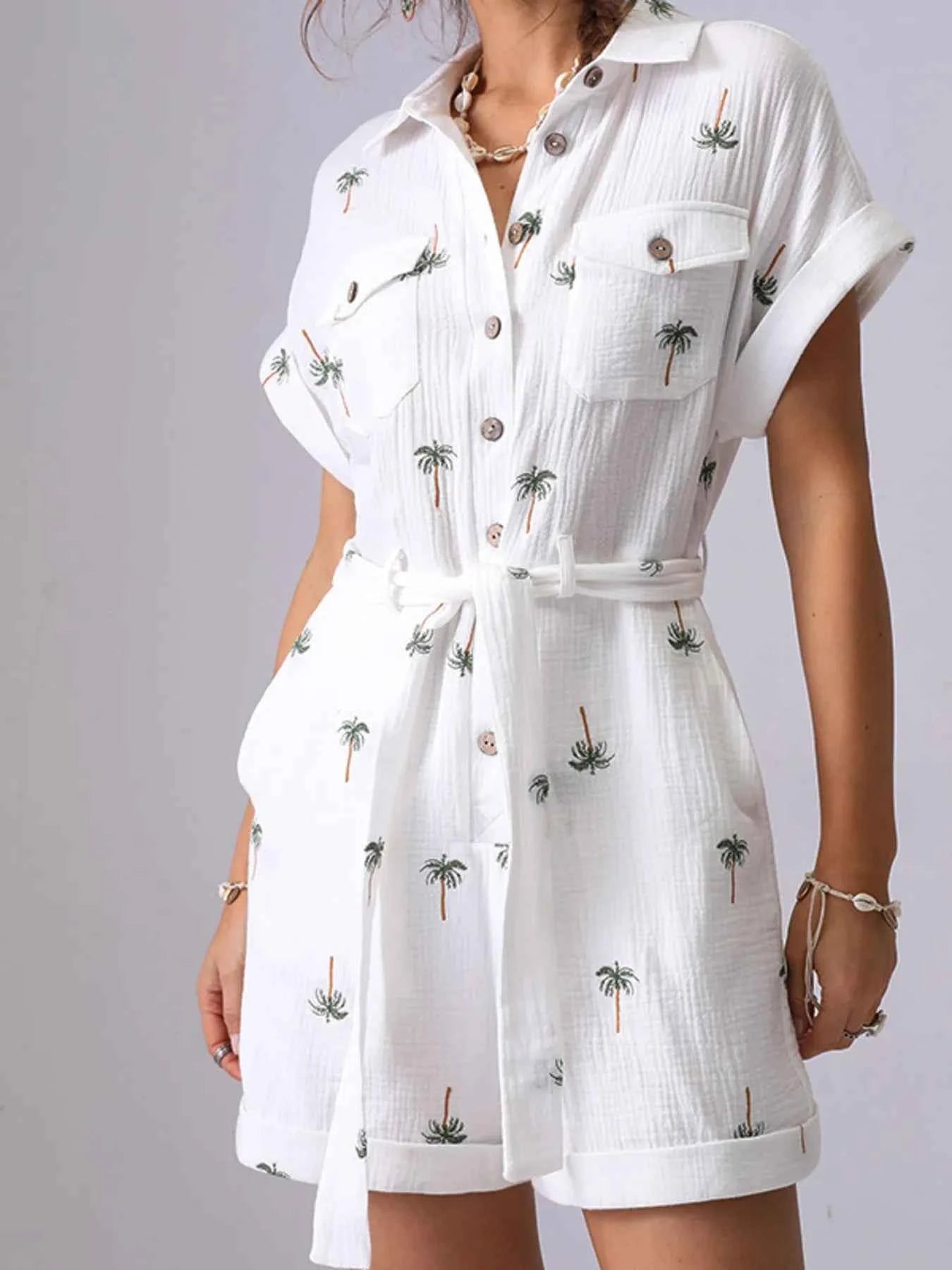Palm Tree Print Short Sleeve Button-Up Romper with Belt White 9a919359508743dca0bc49af1df77431-Max-Origin