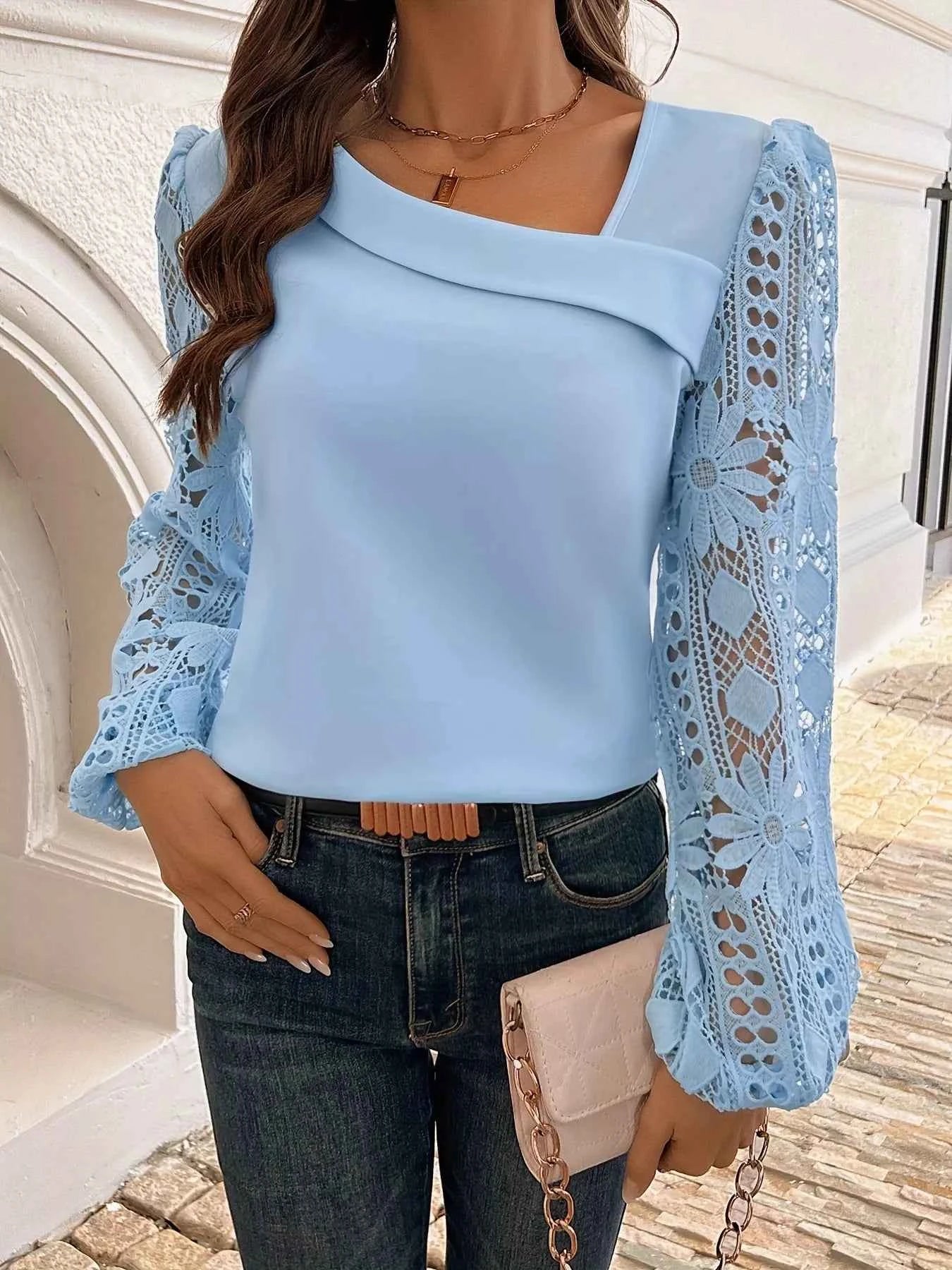 Asymmetrical Lace Long Sleeve Blouse 9a91b14852fb4349b92c0bd970ecba05-Max-Origin