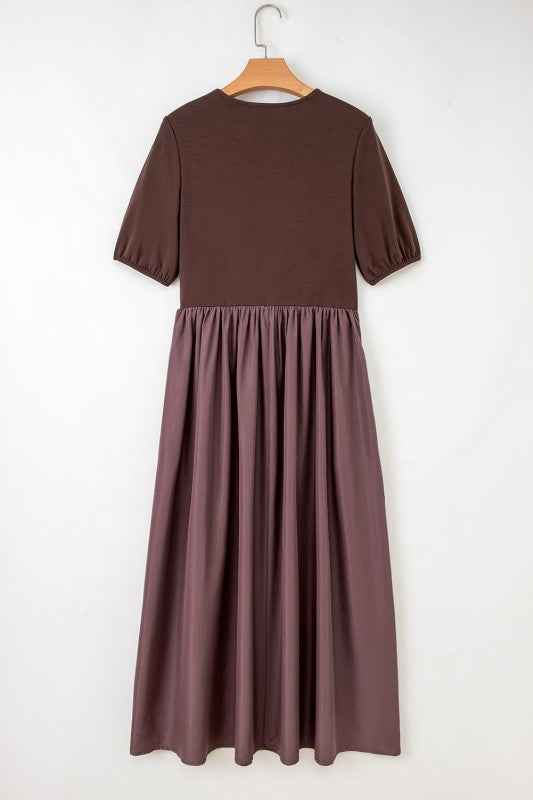 Patchwork Knit Short Sleeve Pleated Maxi Dress 9a961369-6cc9-4ee5-a4f2-c5c686d04d68