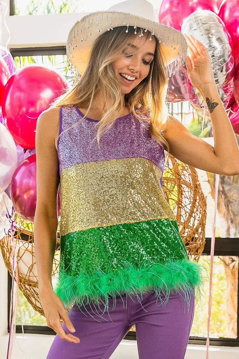 BiBi Mardi Gras Color Block Faux Feather Hem Sequin Top 9aa4e6e754e247fa8f0a485008af8310-Max-Origin