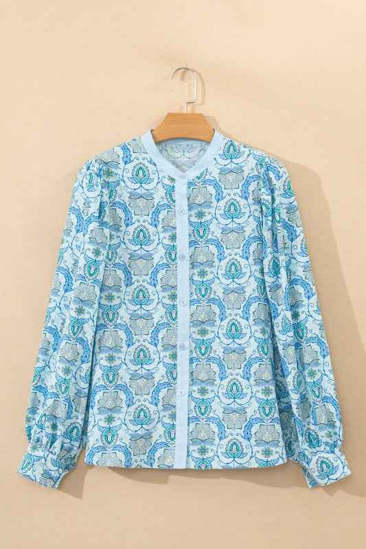 Paisley Long Puff Sleeve Buttoned Shirt Sky Blue 9aa63c27-4e6e-47df-a70b-58b34754512a