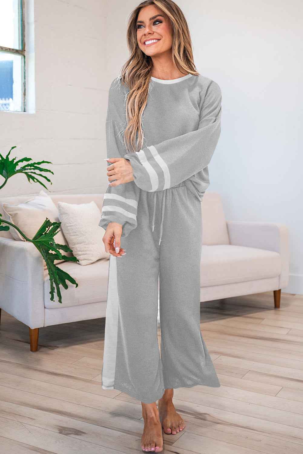 Mineral Red Varsity Stripe Patchwork Puff Sleeve Pullover Drawstring Wide Leg Pant Set 9aaaccb12027af3a