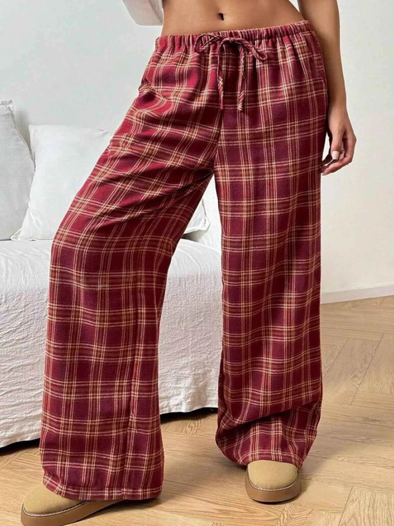 Plaid Drawstring Wide Leg Pants 9aaae61b-3b25-41c8-b008-091544a78657-Max-Origin