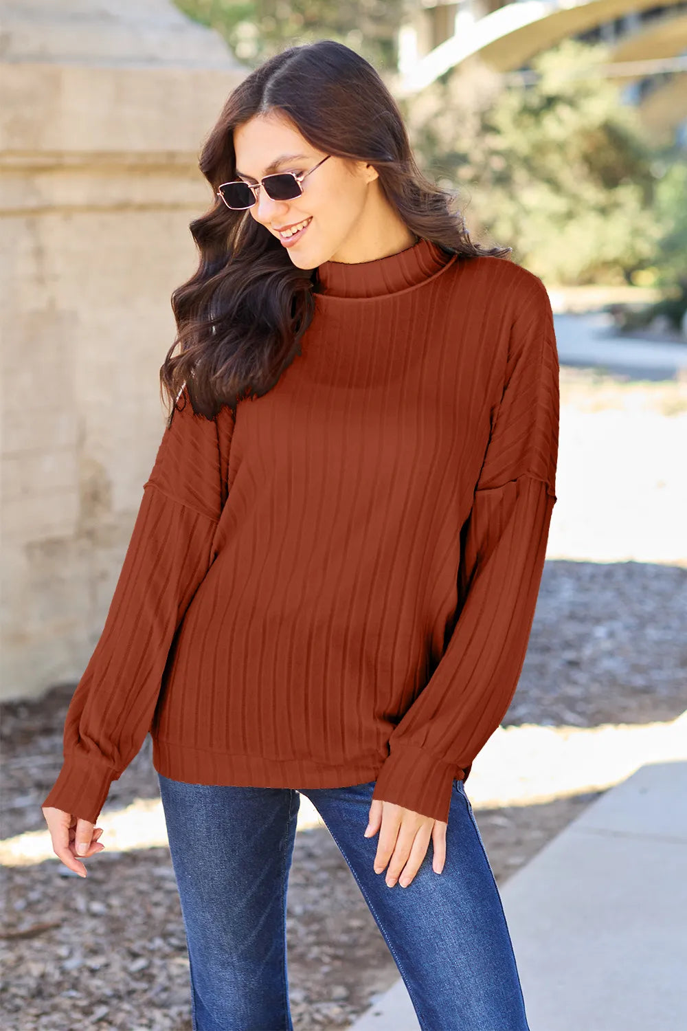Basic Bae Full Size Ribbed Exposed Seam Mock Neck Knit Top 9aacf2ea23124dca83b7684baeb30220-Max