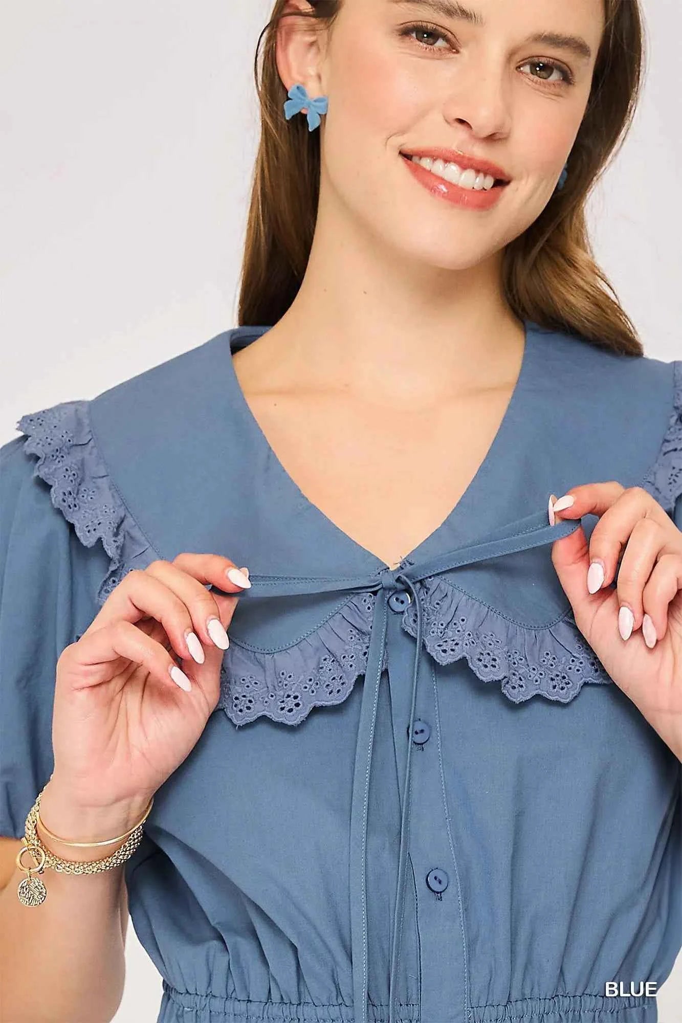 Umgee Collared Short Sleeve Button Down Romper 9aaed411-5bc3-4dae-b5fb-93661d1e07d9-Max-Origin