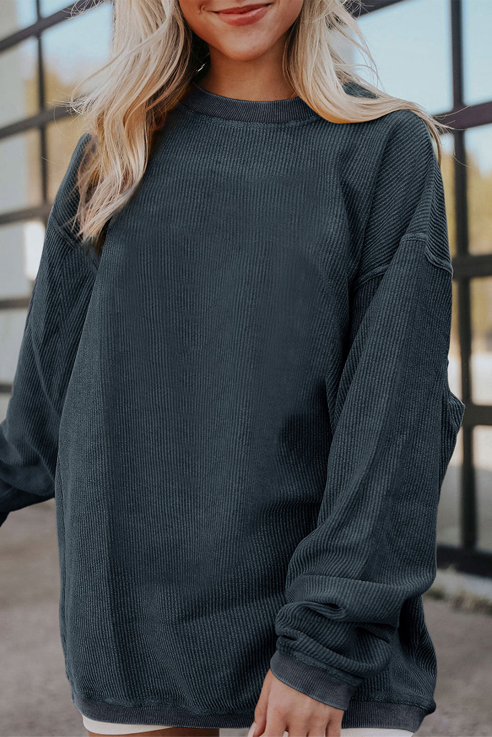 White Drop Shoulder Rib Knit Oversized Sweatshirt Dark Grey 100%Polyester 9ab261f26130a498
