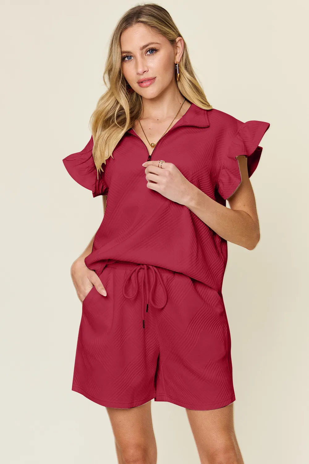 Double Take Full Size Texture Flounce Sleeve Top and Drawstring Shorts Set Deep Red 9aba64f5-cdc9-49cd-8974-267978f50c9f-Max