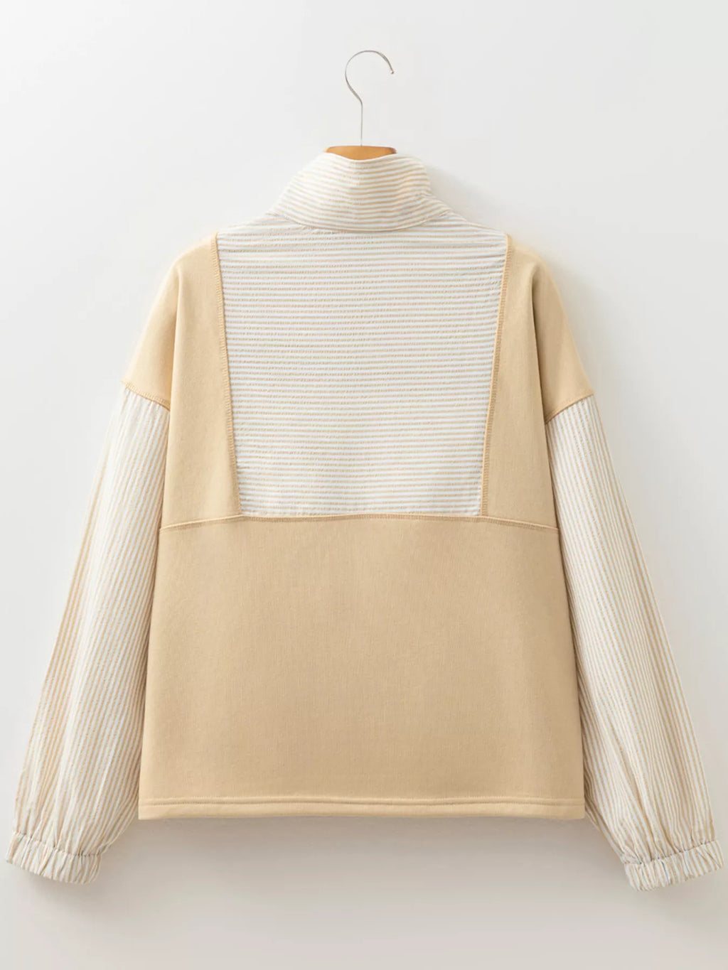 Quarter Zip Striped Patchwork Drop Shoulder Loose Long Sleeve Top 9ac2ce98dc924cb0bb02b7bdc6b6d5bb-Max-Origin