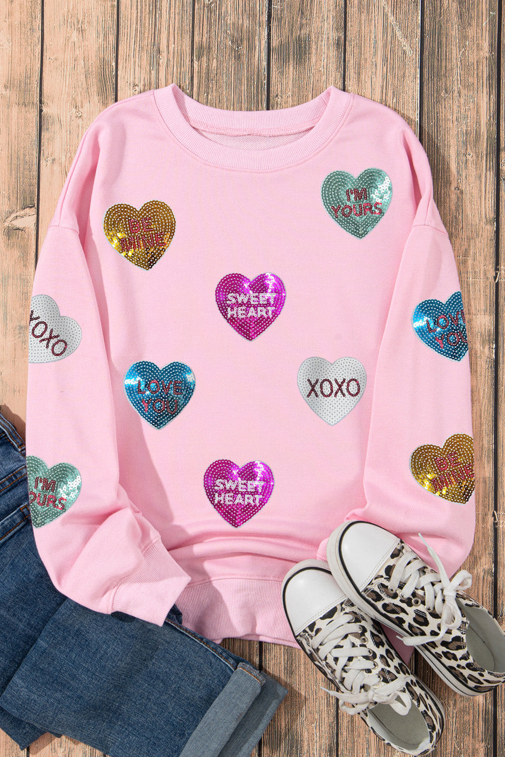 Pink Sequin Romantic Sweet Heart Graphic Valentines Sweatshirt 9ac6111d9d05a3aa