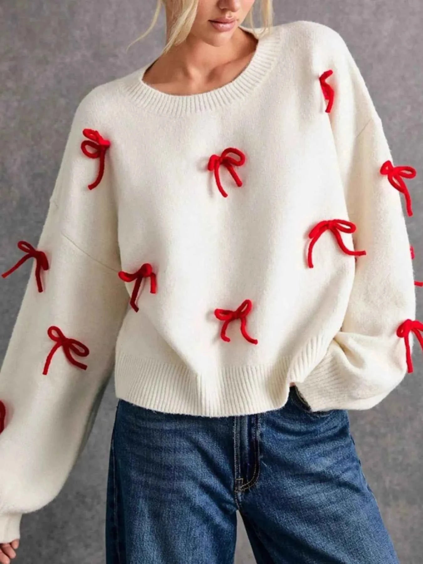 Bow Contrast Round Neck Long Sleeve Sweater