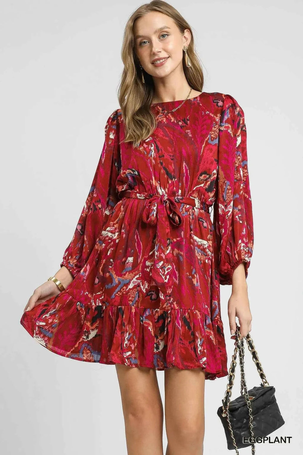 Umgee Ruffled Hem Printed Balloon Sleeve Dress EGGPLANT 9ace7917-994d-402d-a9ab-09a0181cd54f-Max-Origin