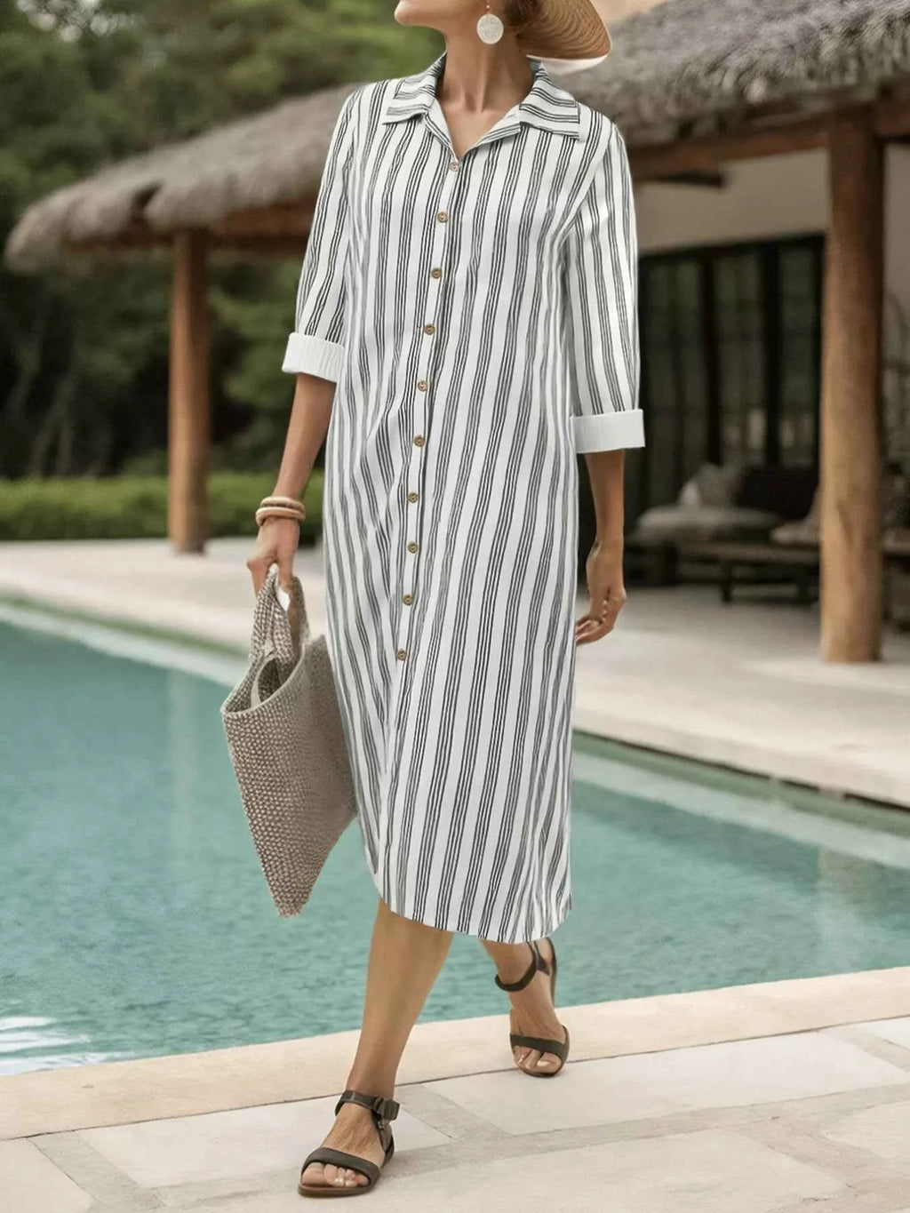 Plus Size Striped Button Front Midi Dress Light Gray 9acfc005-c5bb-44f7-9830-5a21e0aac5a3-Max-Origin