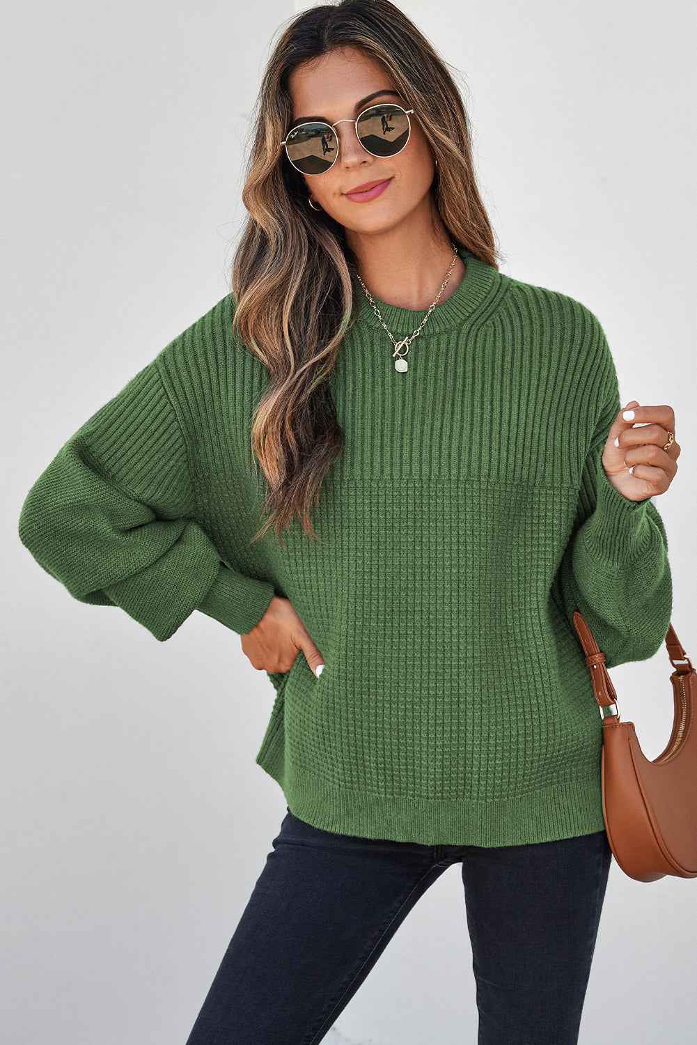 Vineyard Green Solid Color Mixed Textured Knitted Crew Neck Sweater 9ad524ee0995eccc
