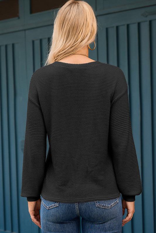 Black Button Notched Neck Waffle Knit Long Sleeve Top 9ad72023cbec2925
