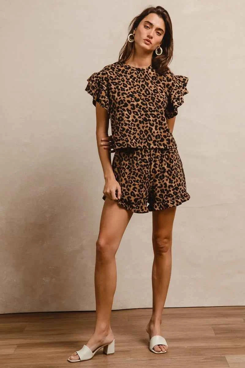 BiBi Leopard Print Waffle Texture Layered Ruffle Sleeve Top and Shorts Set 9ad8da9847f54fe2a43587eee7fbc7dd-Max-Origin