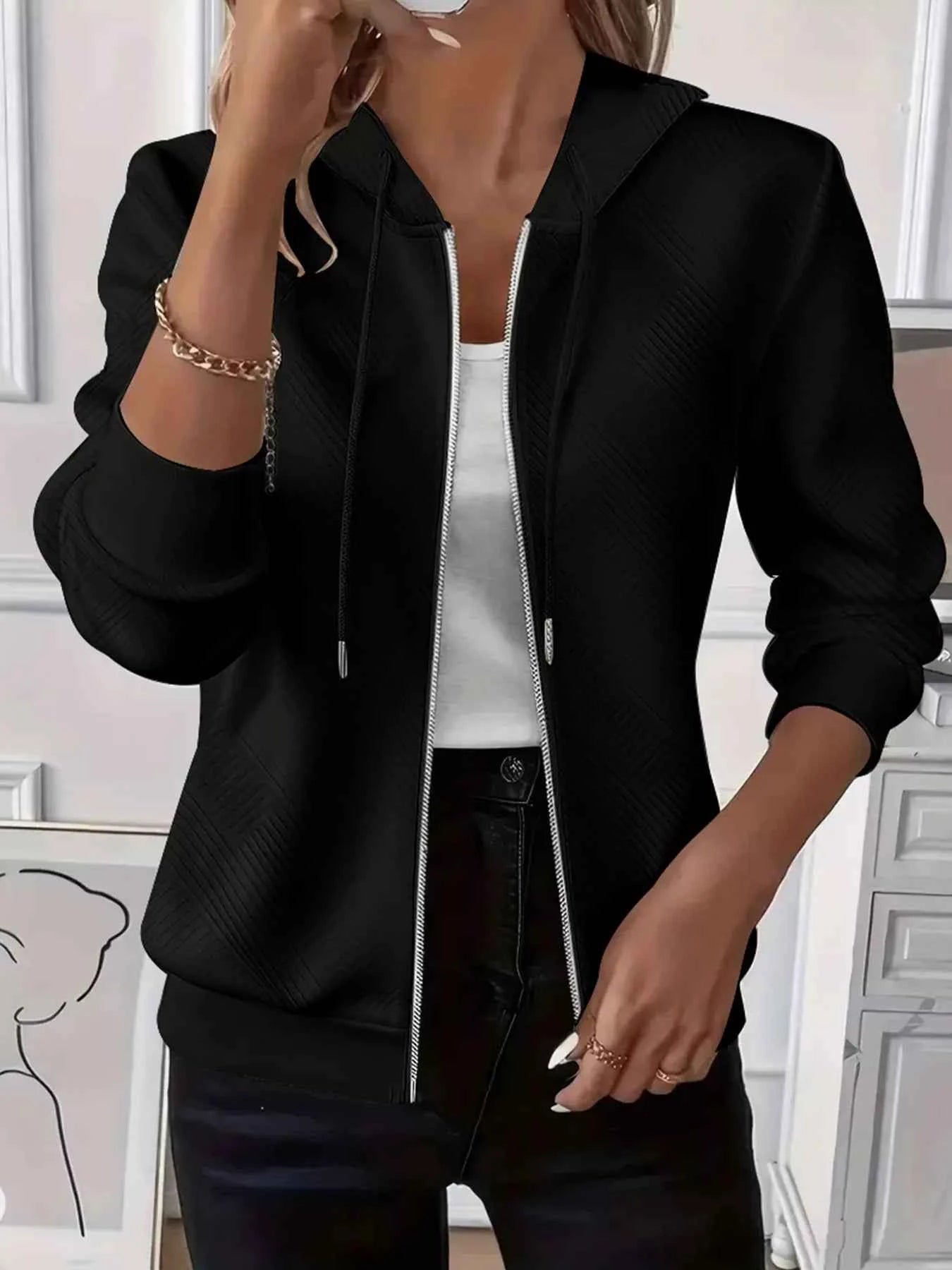 Texture Zip-Up Hoodie with Drawstring Black 9ada83f8-5d2a-48fb-a43a-ab87117dc11c-Max-Origin