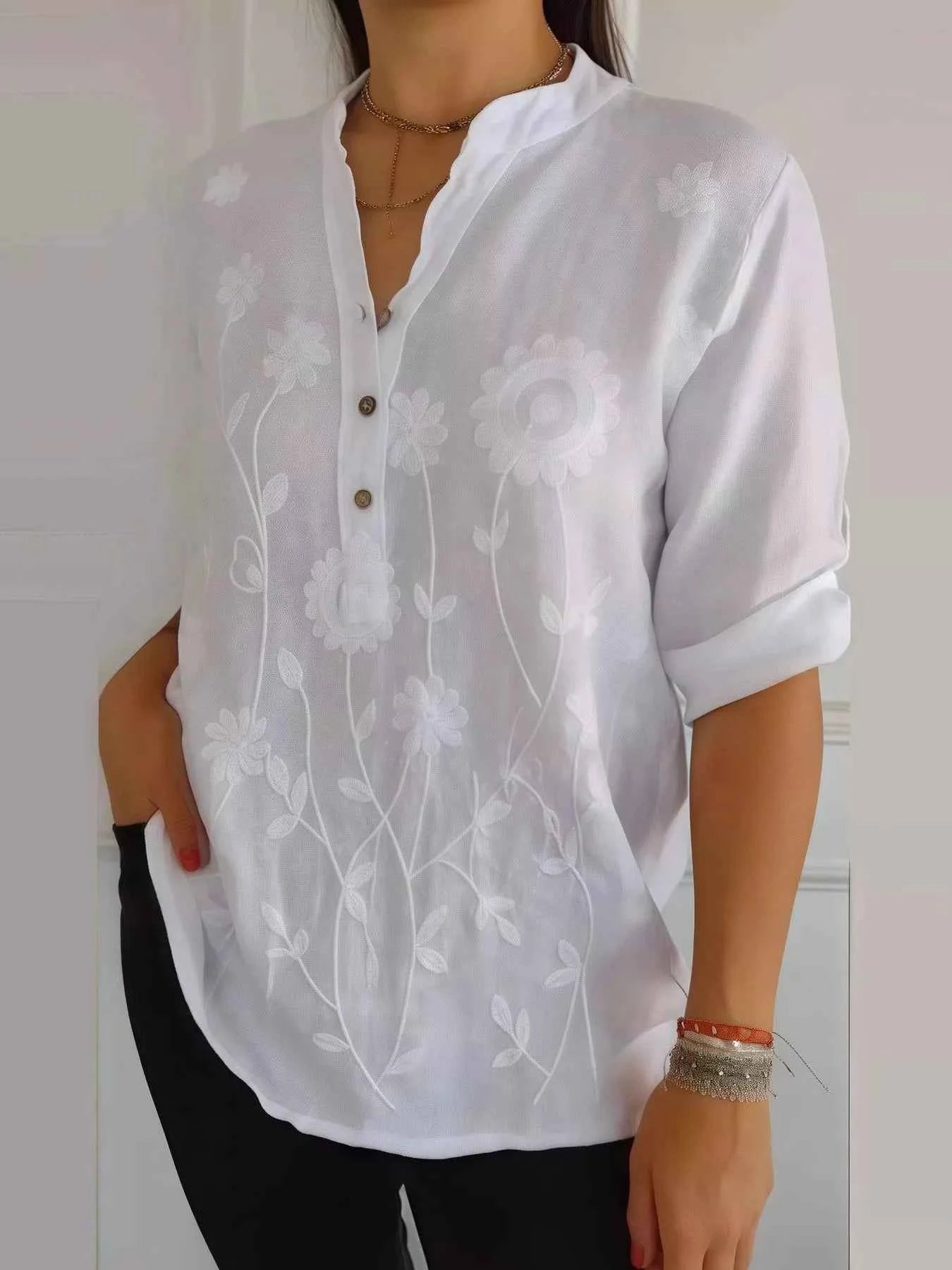 Full Size Floral Embroidered Button Detail Blouse Plus Size White 9adab467-ade0-4dae-898d-2aec555fa023-Max-Origin