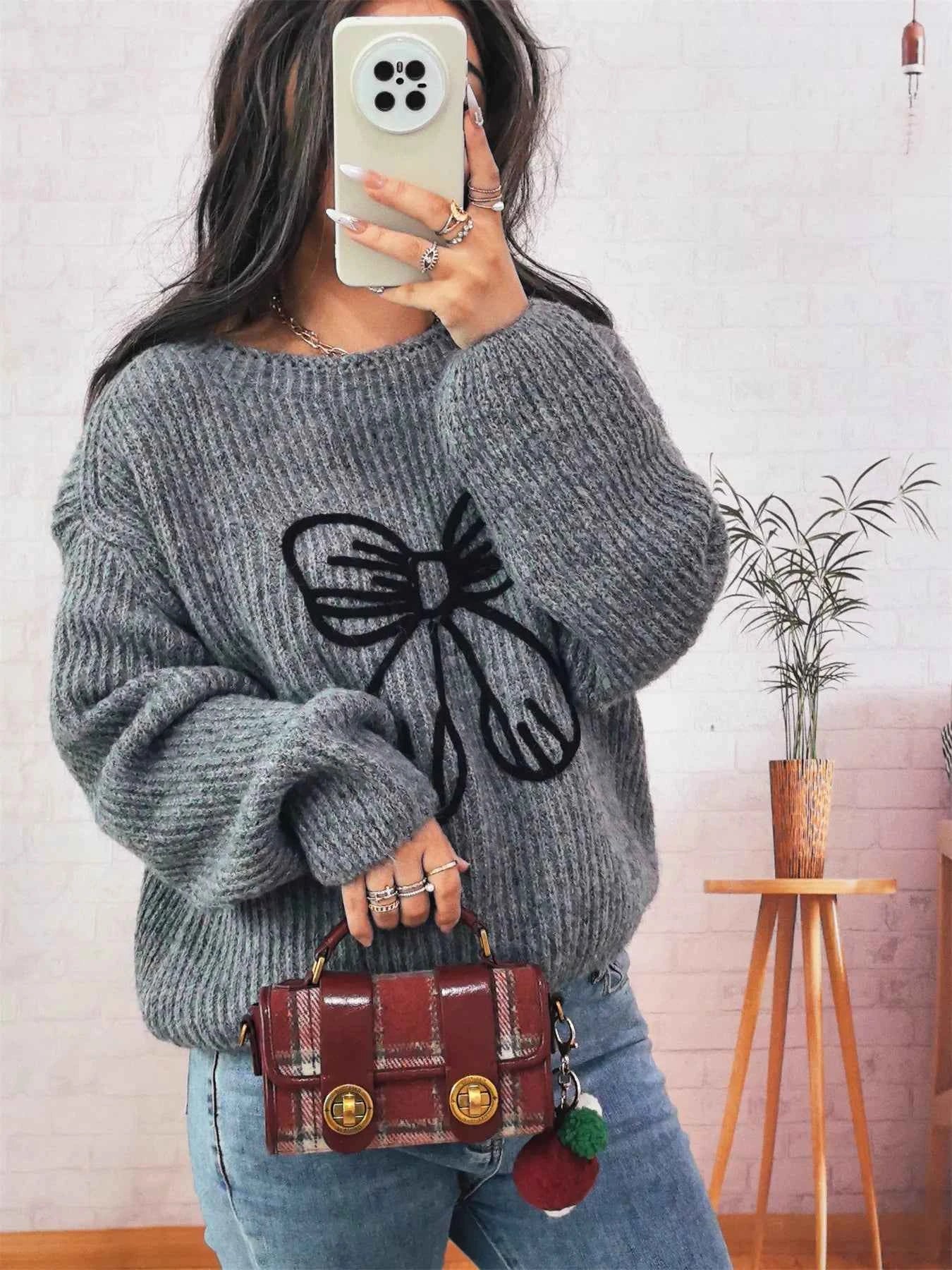 Bow Round Neck Long Sleeve Sweater 9ae0a5e7528946ab96ae3604c6d471f3-Max-Origin