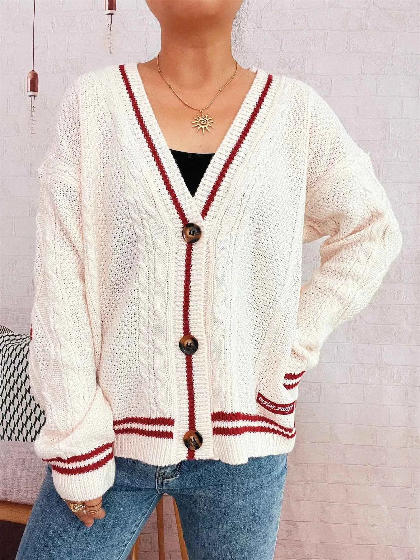 Star Pattern Button-Up Cardigan with Contrast Trim Deep Red One Size 9ae6a8df5c0643e8987e0fb66e92b860-Max-Origin