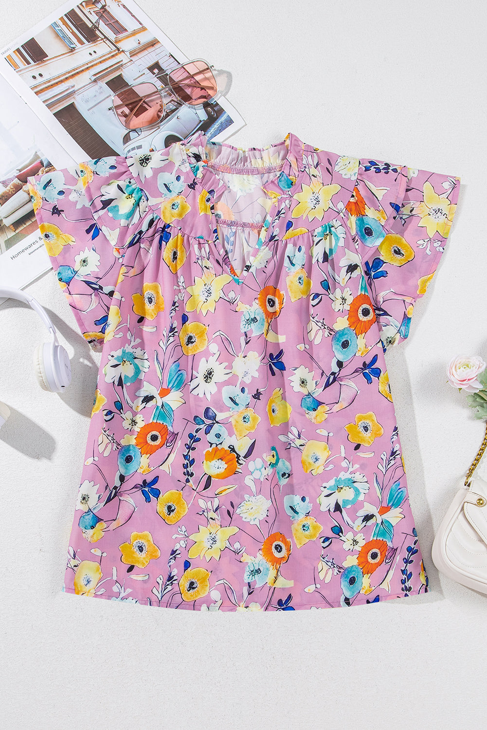 Pink Flutter Sleeve Frill V Neck Floral Top 9aec48e4e7ebbedb