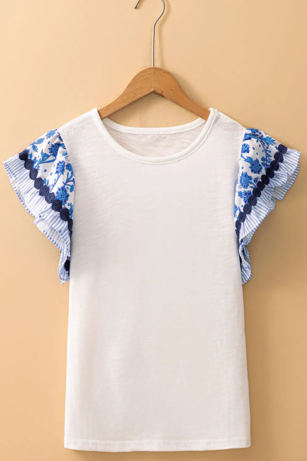 Round Neck Printed Ruffled Cap Sleeve Blouse 9af4cec2-aa84-477e-966f-01793ade3272-Max